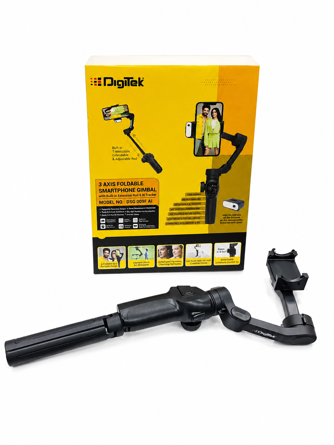 2026/08/831.png Digitek (DSG-009F AI) 3-Axis Foldable Smartphone Gimbal. - Image 1