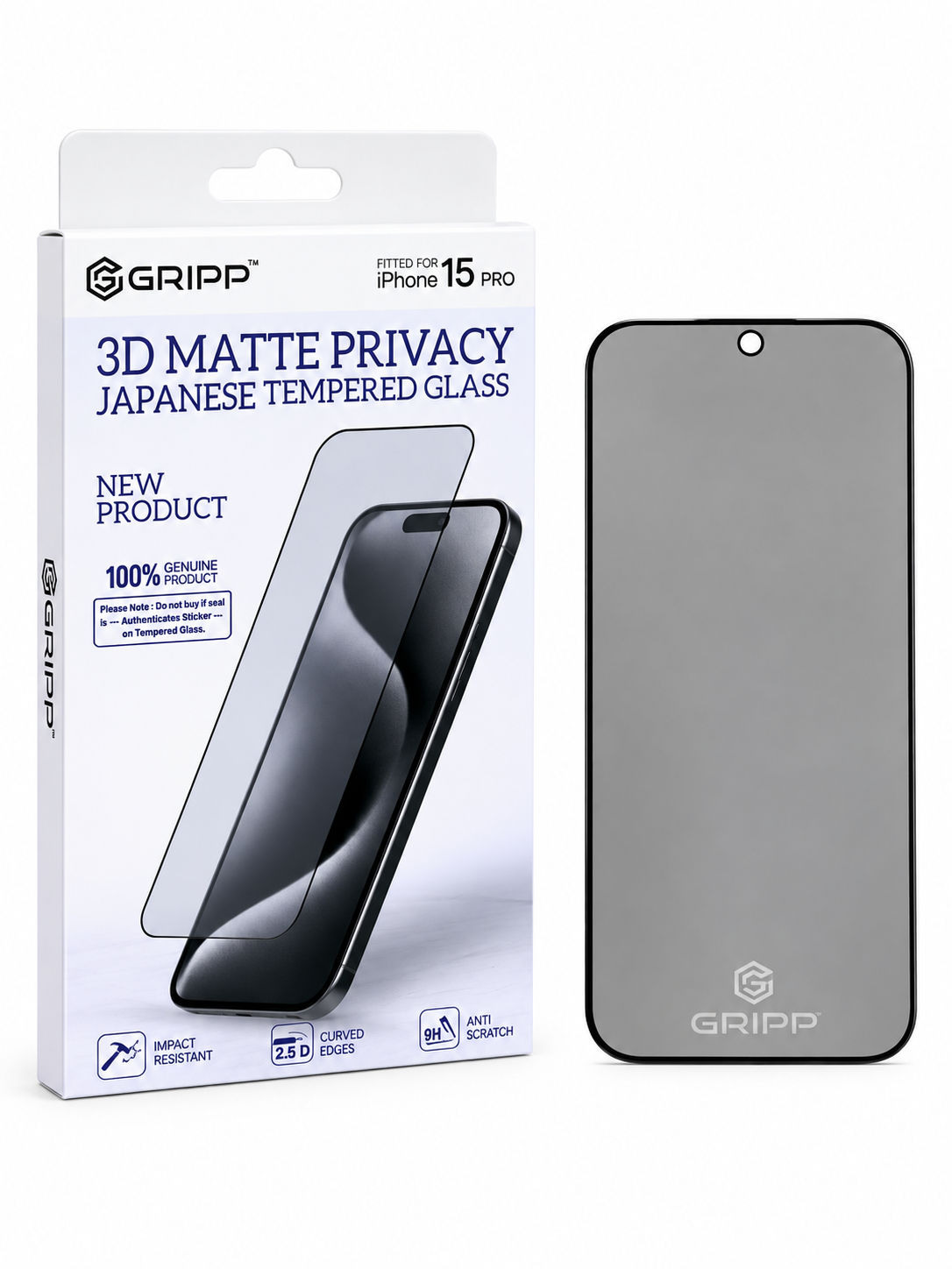 2026/08/941.png GRIPP 3D Matte Privacy Japanese Tempered Glass – iPhone 15 Pro - Image 1