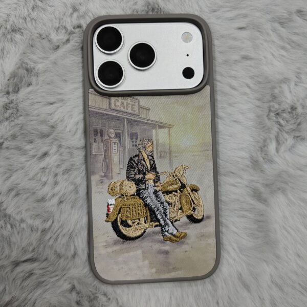 Vintage Motorcycle Rider Embroidery Phone Case
