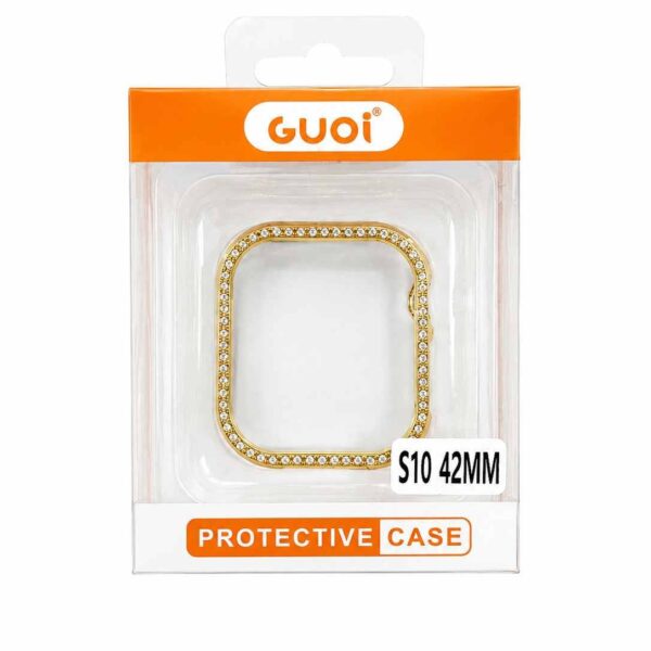GUOI gold-tone rhinestone bling protective bumper case designed for a 42mm smartwatch.