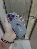 Denim/Linen Textured Magnetic Kickstand Case with a protective slide-out camera cover module. - Image 4