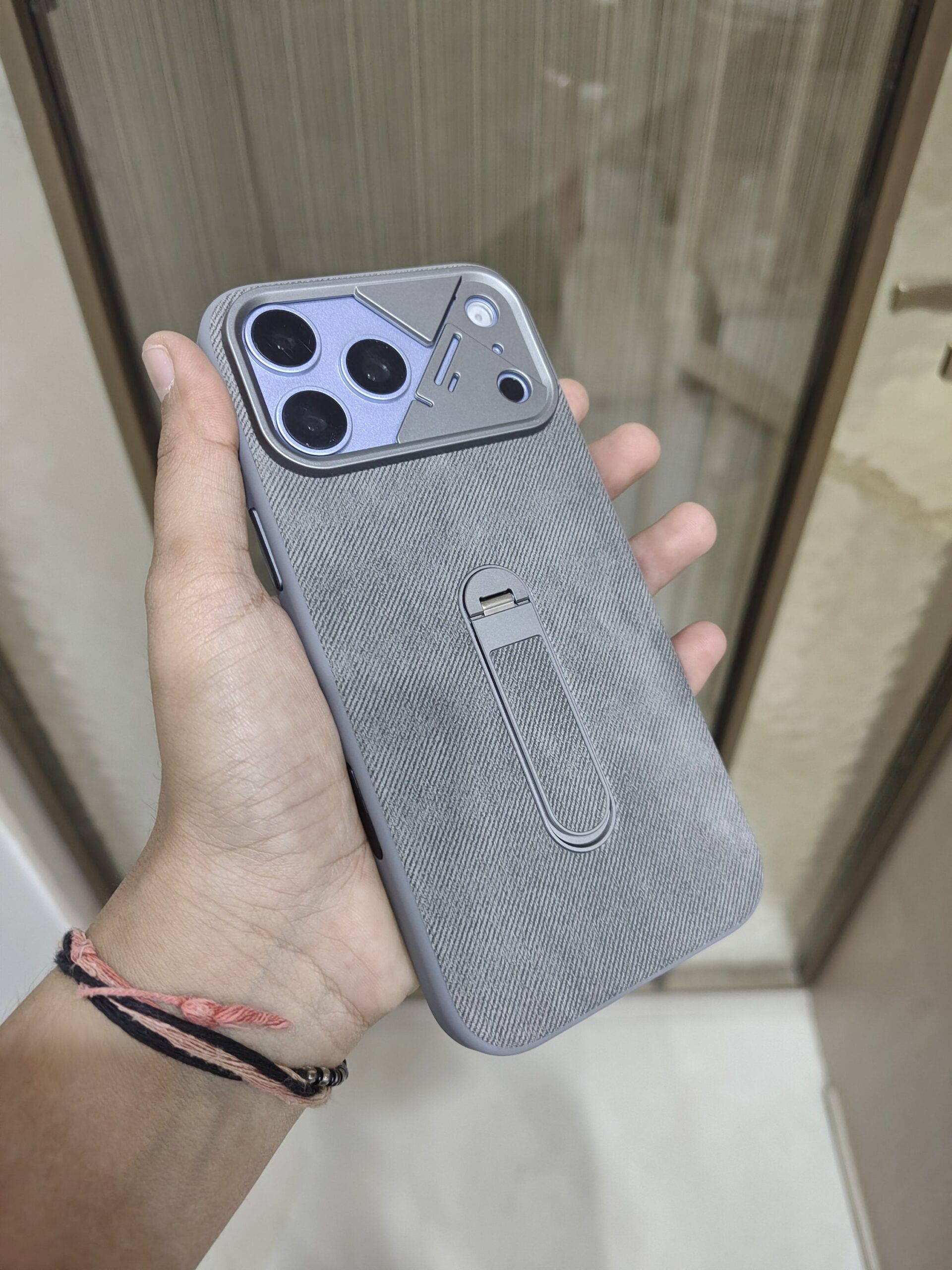 2026/09/2503-scaled.jpg Premium Mecha Denim Texture Phone Case featuring a retractable metal kickstand and mechanical camera module styling. - Image 1