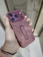 textured PU leather hybrid phone case featuring a built-in vertical kickstand and integrated camera module protection. - Image 2