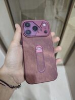textured PU leather hybrid phone case featuring a built-in vertical kickstand and integrated camera module protection. - Image 3
