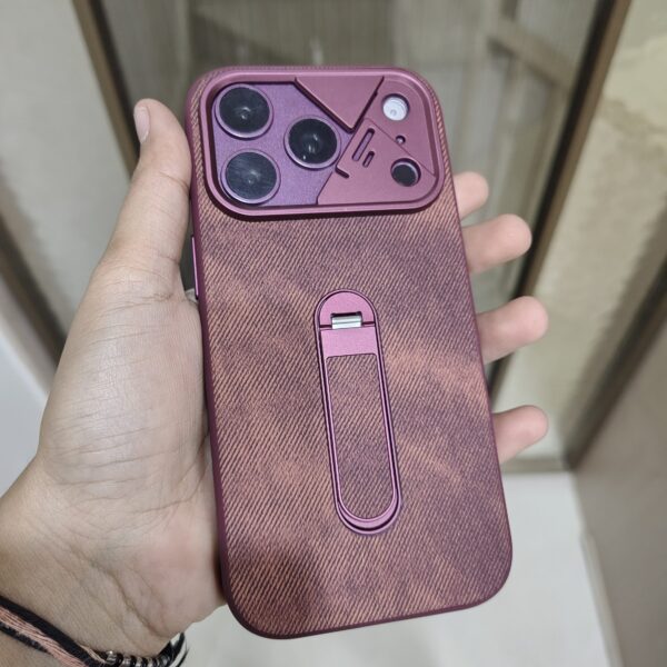 textured PU leather hybrid phone case featuring a built-in vertical kickstand and integrated camera module protection.
