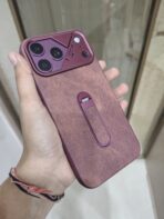 textured PU leather hybrid phone case featuring a built-in vertical kickstand and integrated camera module protection.