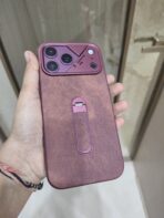 textured PU leather hybrid phone case featuring a built-in vertical kickstand and integrated camera module protection. - Image 2