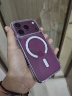 Clear MagSafe Phone Case with Purple Accents designed for newer iPhone Pro Max models.