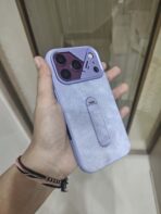 lavender denim texture phone case with a built-in metal ring kickstand.