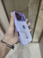lavender denim texture phone case with a built-in metal ring kickstand. - Image 3