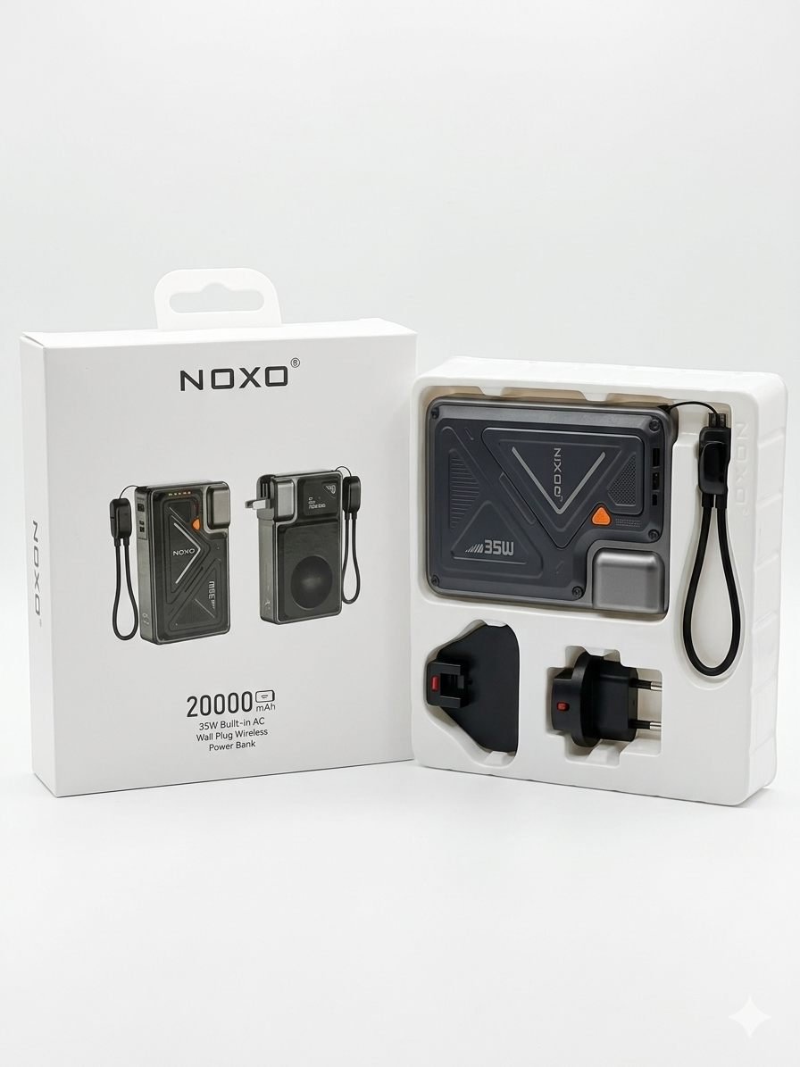 2026/09/3391.jpg NOXO PN-8 20000mAh 35W Built-in AC Wall Plug Wireless Power Bank. - Image 1
