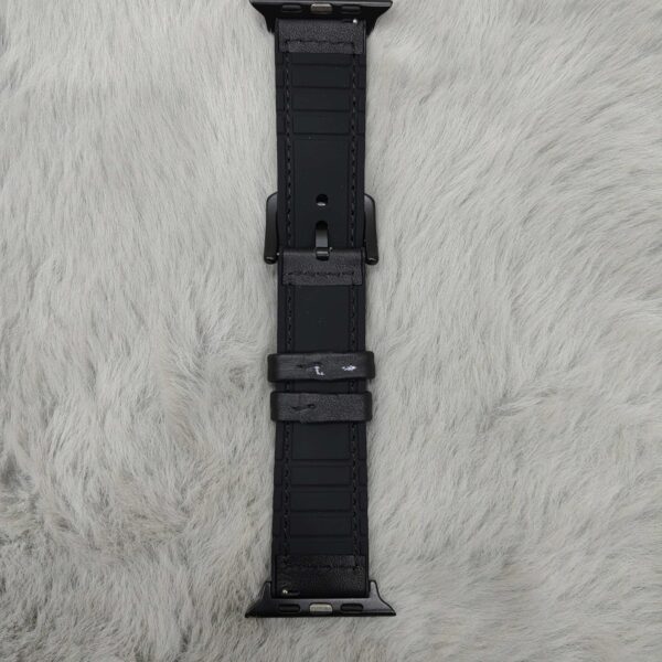 black leather replacement smart watch band featuring clean, perimeter stitching and all-black hardware.
